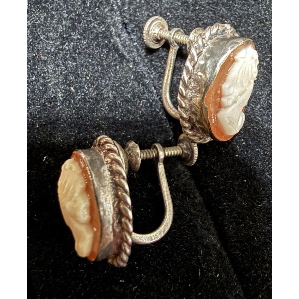 Vintage 925 Sterling Silver Cameo Screw Back Earrings